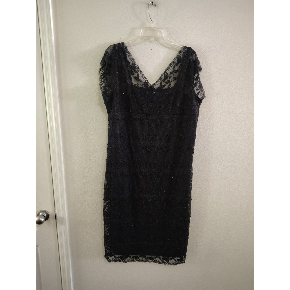 Onyx Nite Womens 20W Black Lace Sequin V-Neck Cocktail Sheath Dress Plus‎ Size